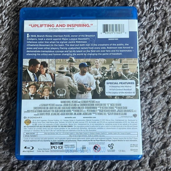 42 The Jackie Robinson Story Blu-ray disc DVD w/Chadwick Boseman & Harrison Ford - Picture 2 of 3